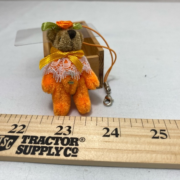 Department 56 Miniature Orange Felt Bear Keychain in Wooden Box Jointed Arms - Picture 6 of 7